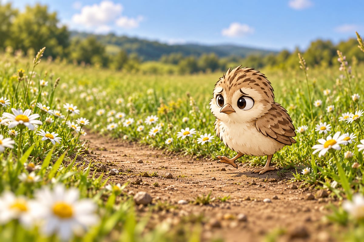 Reality Chick walks a dirt path through a field of daisies, one foot lifted, wings firmly folded.