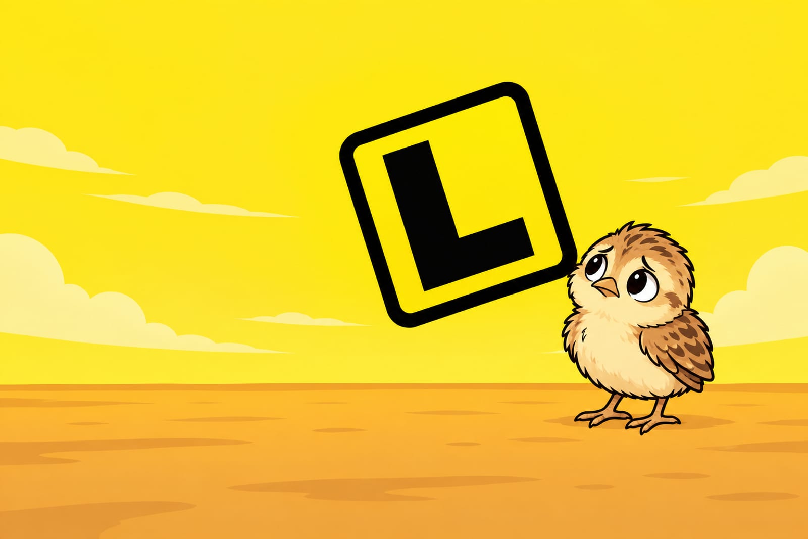 A yellow square with a bold black L inside a thick, rounded black learner-plate frame tilted counterclockwise. A small sandy-brown lark chick stands at the lower right, looking apprehensively up at the L.